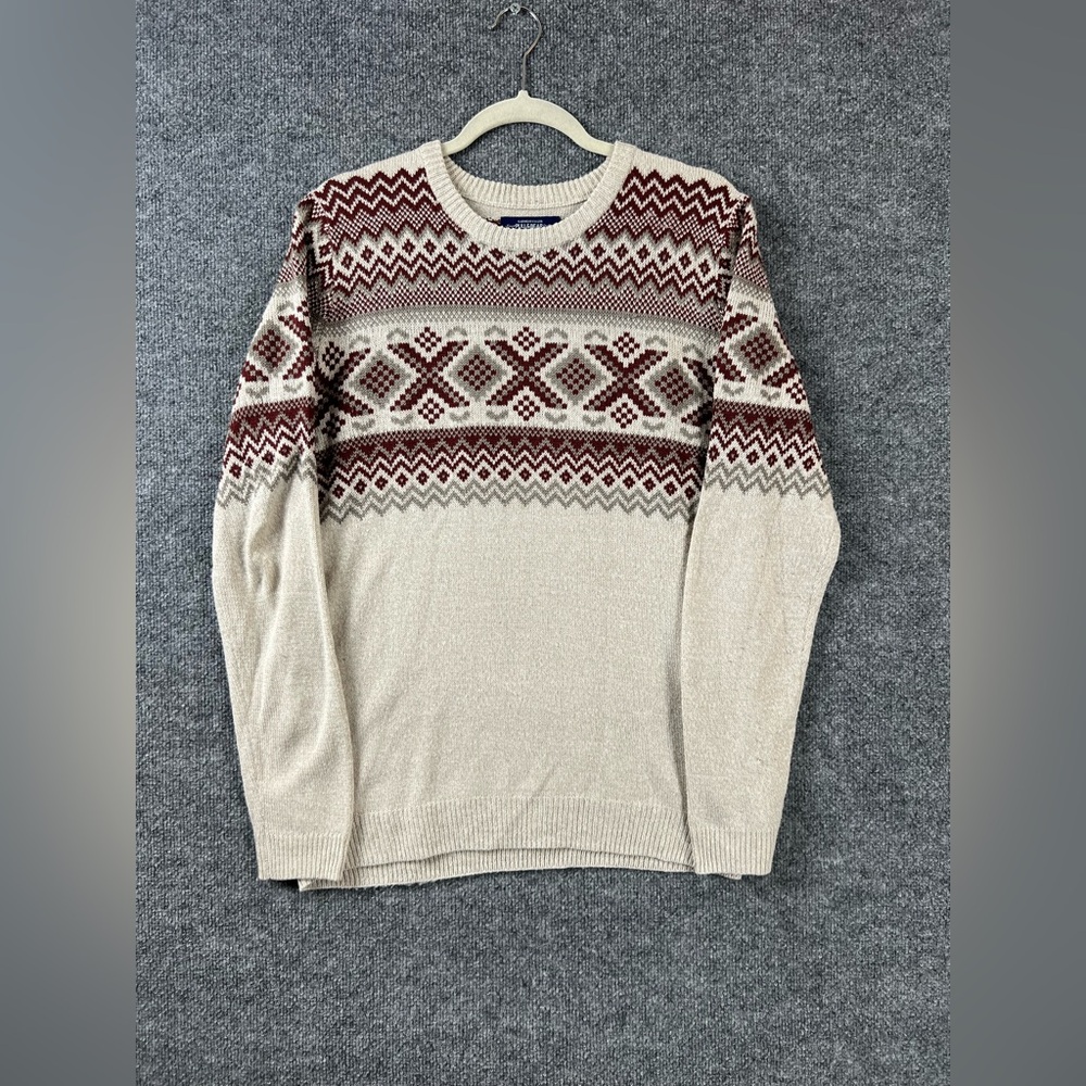 Pull And Bear‎ Sweater Men Sz L Fits Like S Cream Beige Fair Isle Knit Fisherman